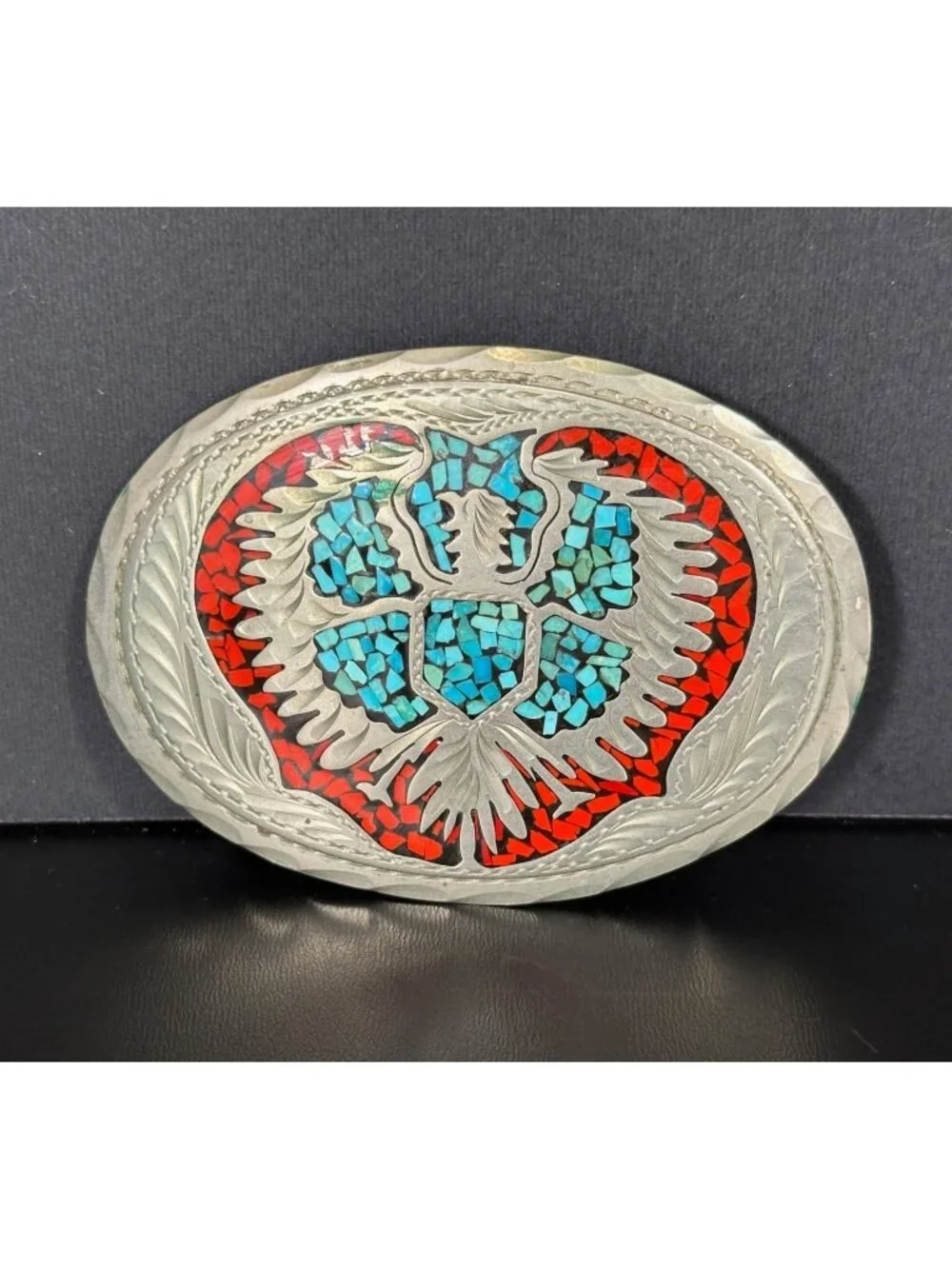 Vtg Native American THUNDERBIRD Turquoise Coral Inlay Belt Buckle Nickel Silver